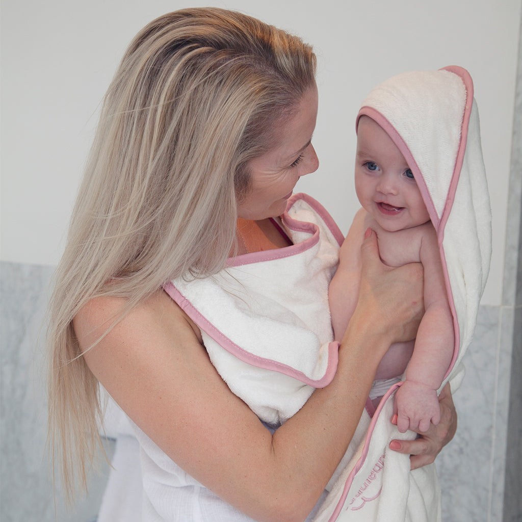 Pink edge Cuddledry handsfree baby apron bath towel